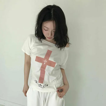 Cross Print Loose Fit Round Neck Short Sleeve T-Shirt