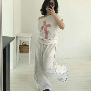 Cross Print Loose Fit Round Neck Short Sleeve T-Shirt