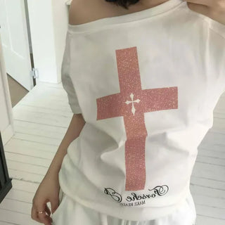 Cross Print Loose Fit Round Neck Short Sleeve T-Shirt