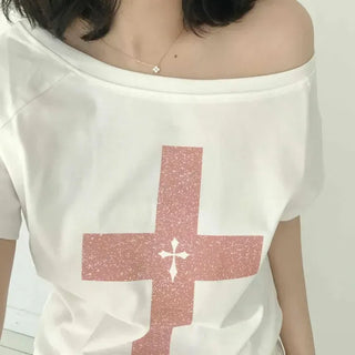 Cross Print Loose Fit Round Neck Short Sleeve T-Shirt