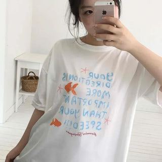 Oversized Lettering Fish Round Neck Short Sleeve T-shirt