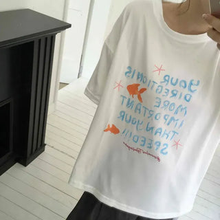 Oversized Lettering Fish Round Neck Short Sleeve T-shirt
