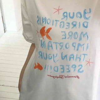 Oversized Lettering Fish Round Neck Short Sleeve T-shirt