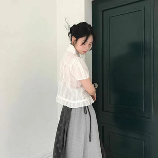 Side Ribbon Two-Layer Dot Flare Midi Skirt