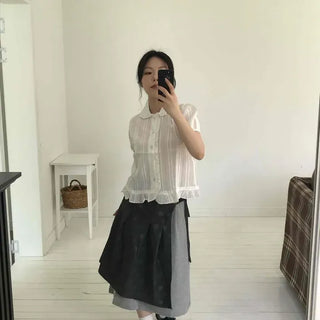 Side Ribbon Two-Layer Dot Flare Midi Skirt