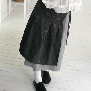 Side Ribbon Two-Layer Dot Flare Midi Skirt