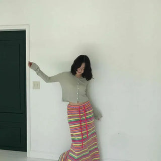 Multi-Stripe Waist-Tight A-Line Long Skirt