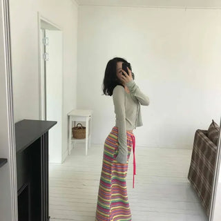 Multi-Stripe Waist-Tight A-Line Long Skirt