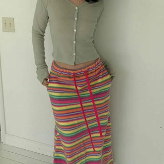 Multi-Stripe Waist-Tight A-Line Long Skirt