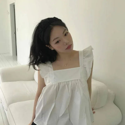 Square Neck Frill Sleeve Ribbon Back Shirring Blouse