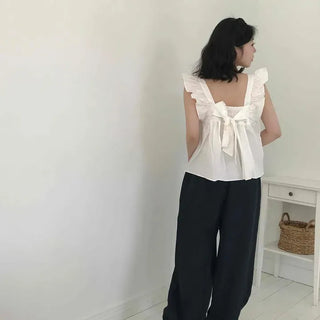 Straight Long Pants with Vertical Pleated Waist Tie