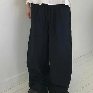 Straight Long Pants with Vertical Pleated Waist Tie