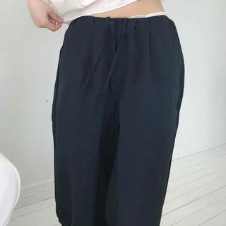 Straight Long Pants with Vertical Pleated Waist Tie