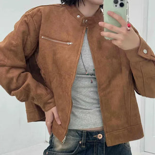 Effortless Chic Round Neck Suede Jacket
