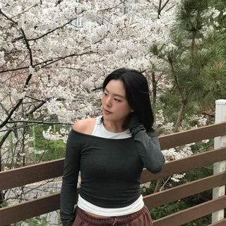 Off-shoulder Inner Set Round Neck Slim Fit Long Sleeve T-shirt