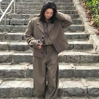 Loose-fit Tailored Short Jacket + Shirt + Wide Slacks Three-Piece Set