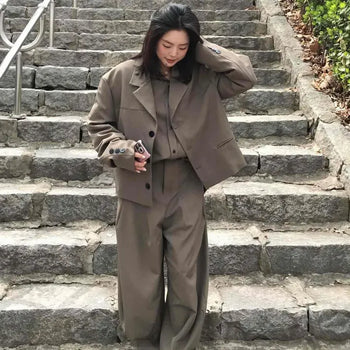 Loose-fit Tailored Short Jacket + Shirt + Wide Slacks Three-Piece Set