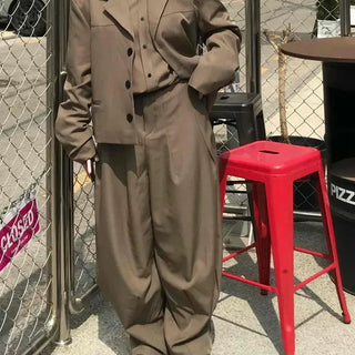 Loose-fit Tailored Short Jacket + Shirt + Wide Slacks Three-Piece Set