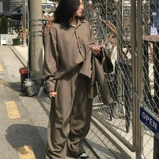 Loose-fit Tailored Short Jacket + Shirt + Wide Slacks Three-Piece Set