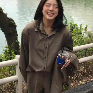 Loose-fit Tailored Short Jacket + Shirt + Wide Slacks Three-Piece Set