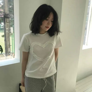 Frill Heart Round Neck Loose Fit Short Sleeve T-shirt