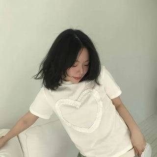 Frill Heart Round Neck Loose Fit Short Sleeve T-shirt