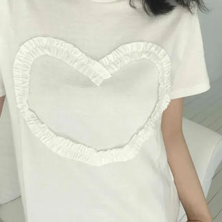 Frill Heart Round Neck Loose Fit Short Sleeve T-shirt