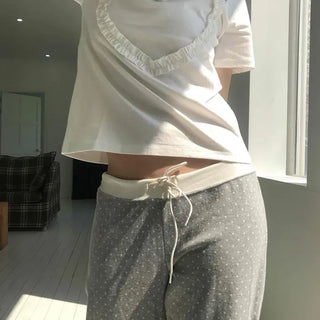 String Dot Semi-Bootcut Home Wear Long Pants