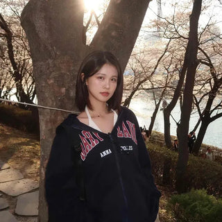 Arch Lettering Loose Fit Hooded Zip-Up Jumper