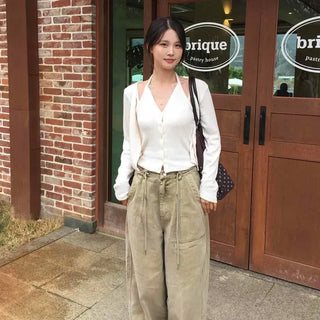 Loose Fit Pintuck Drawstring Wide Long Pants