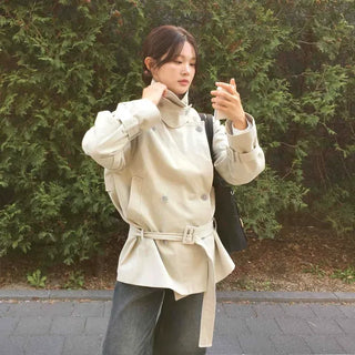 Loose Fit Double Button Lafen Collar Buckle Short Trench Coat