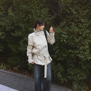 Loose Fit Double Button Lafen Collar Buckle Short Trench Coat