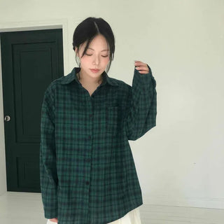Oversized Mini Check Collar Pocket Long Sleeve Shirt