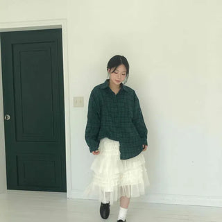 Oversized Mini Check Collar Pocket Long Sleeve Shirt