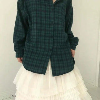 Oversized Mini Check Collar Pocket Long Sleeve Shirt