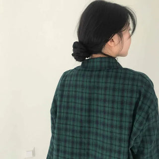 Oversized Mini Check Collar Pocket Long Sleeve Shirt