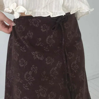 Tone-on-Tone Floral Ruffle Hemi Straight Midi Skirt
