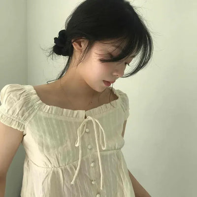Floral Embroidery Shirred Square Neck Frill Sleeve Short Blouse