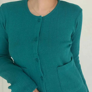 Round Neck Punched Front Button Short Knit Cardigan