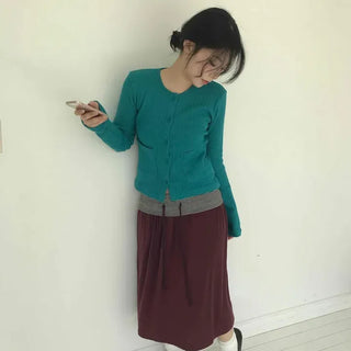 Striped Band Ribbon Tie Flare A-Line Midi Skirt