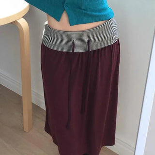 Striped Band Ribbon Tie Flare A-Line Midi Skirt