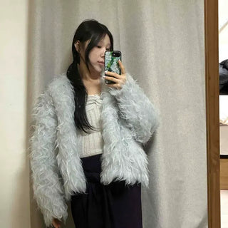 Oversized Plain V-neck Short Long Sleeve Cardigan
