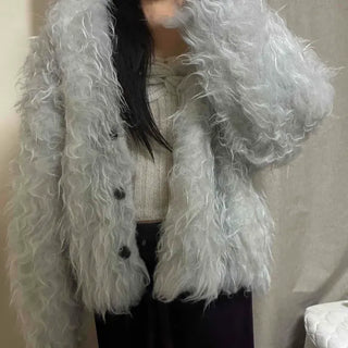 Oversized Plain V-neck Short Long Sleeve Cardigan