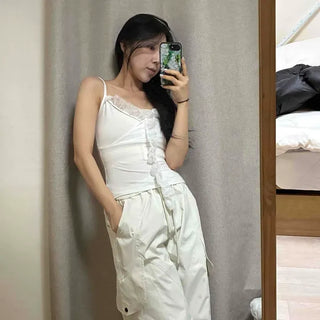 Loose Fit Cargo Pocket Drawstring Wide Long Pants