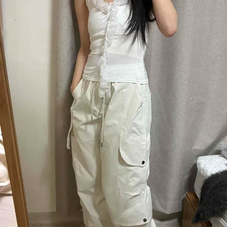 Loose Fit Cargo Pocket Drawstring Wide Long Pants