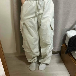 Loose Fit Cargo Pocket Drawstring Wide Long Pants