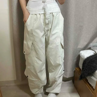 Loose Fit Cargo Pocket Drawstring Wide Long Pants