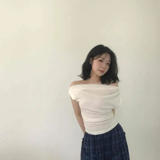 Drape Off-Shoulder Short Plain Short-Sleeve T-Shirt