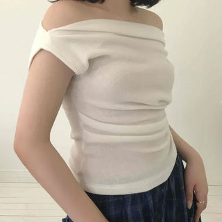 Drape Off-Shoulder Short Plain Short-Sleeve T-Shirt