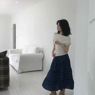 Shirred Tiered Check A-Line Long Skirt
